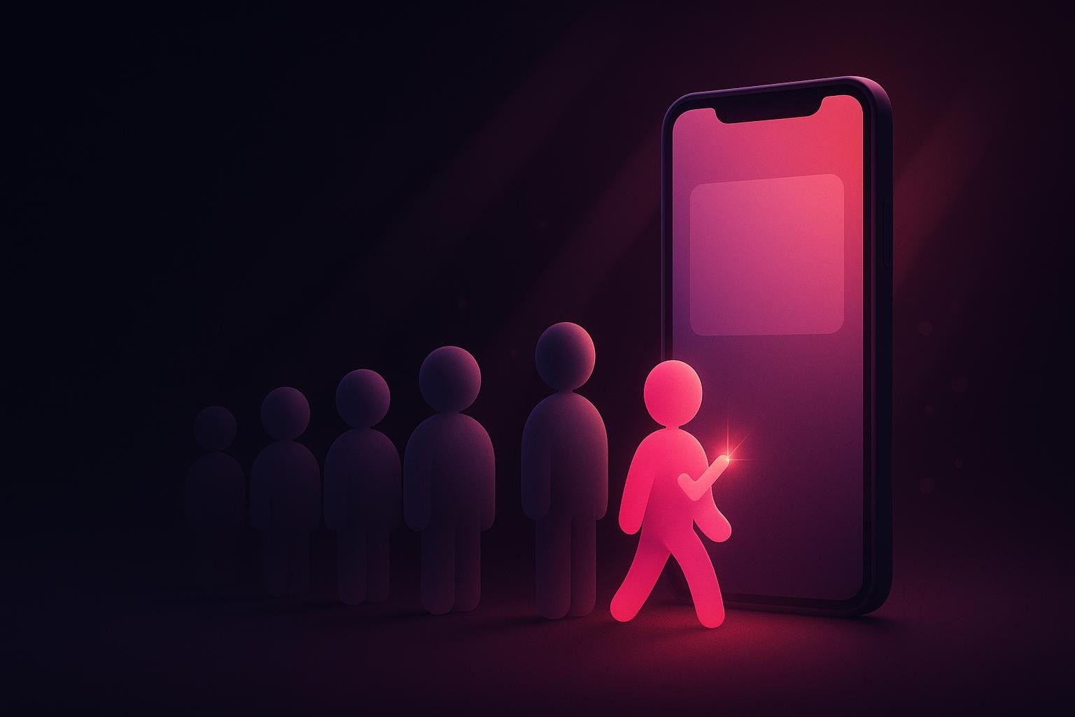 A line of fans waiting on a creator's waitlist — the selected one glows and steps forward to claim a paid spot